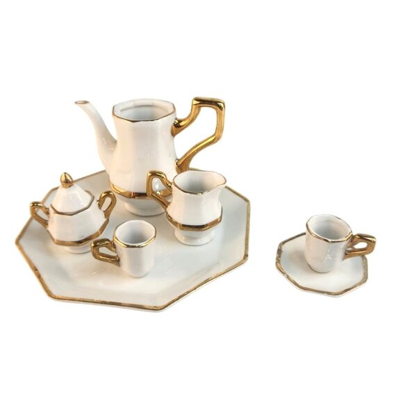 Miniature Formalities Baum Bros Dollhouse Tea Set White & Gold Porcelain Accent - Picture 10 of 12